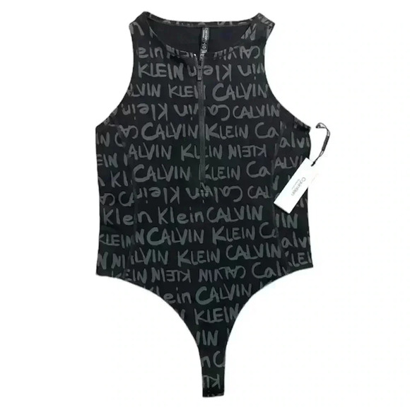 NWT Calvin Klein Perf Black Signature Zip Cotton Thong Snap Bodysuit Size M - Picture 1 of 13